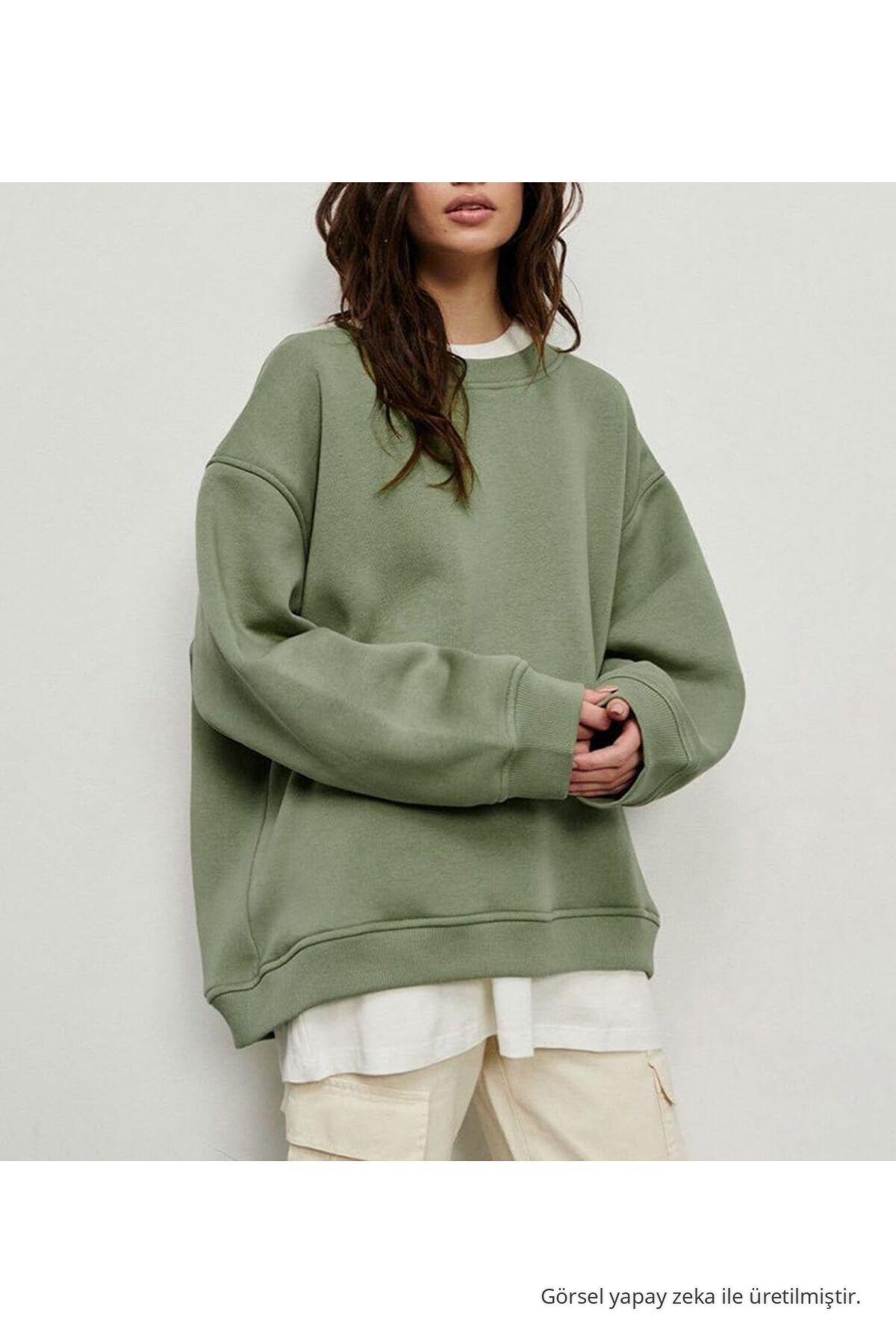 Kadın Bisiklet Yaka Oversize HAKİ Sweatshirt 6