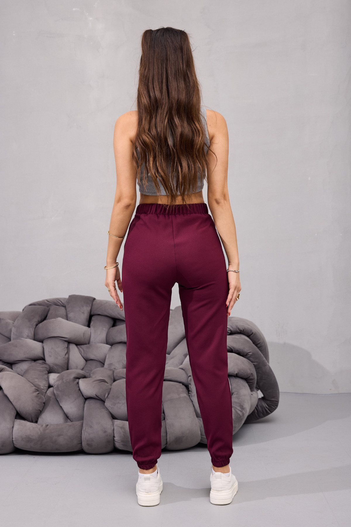 Kadın Yüksek Bel Likralı Rahat Kumaş Jogger Beli Lastikli Pantolon BORDO 6