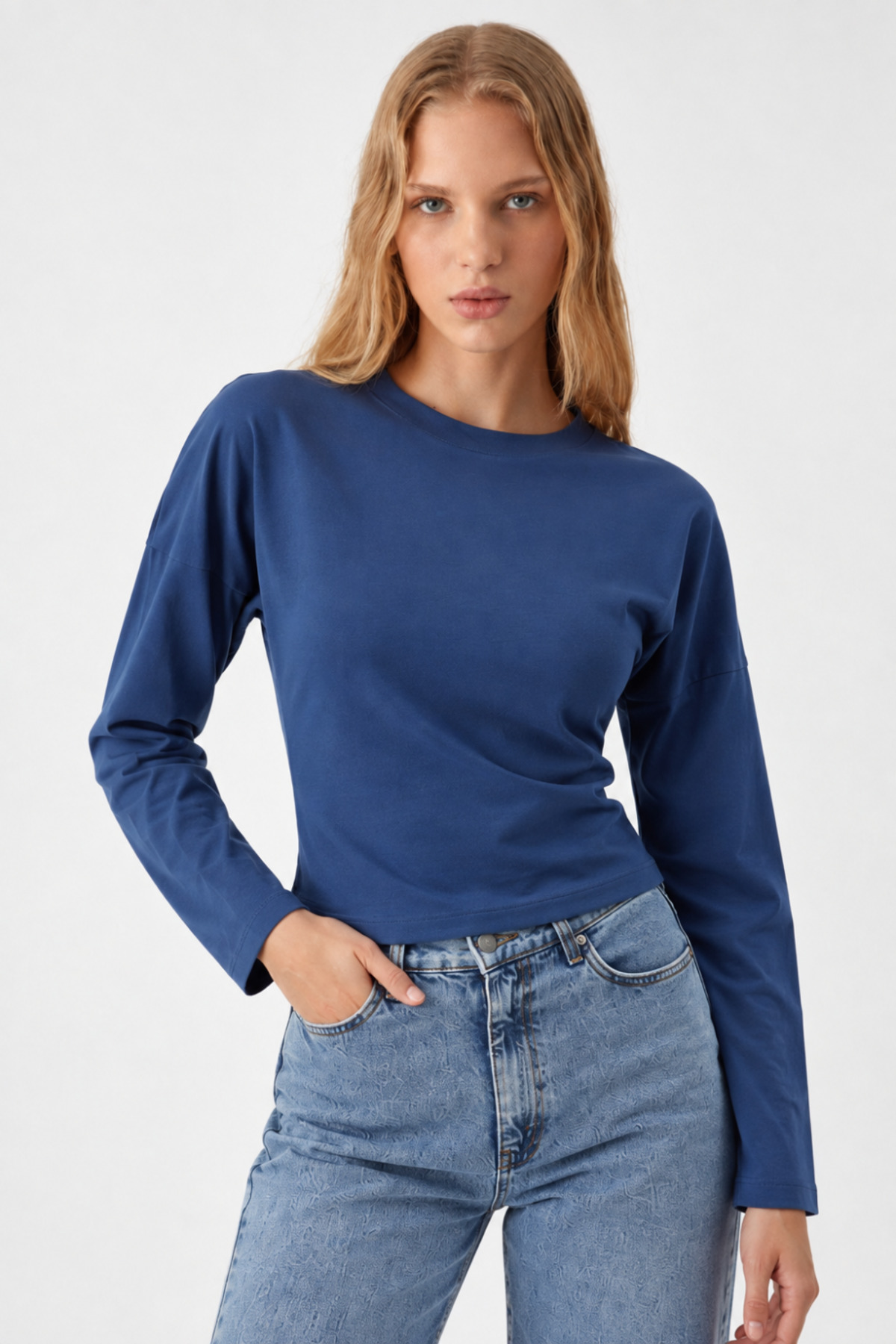 Mavi Bisiklet Yaka Uzun Kollu Crop Bluz 4