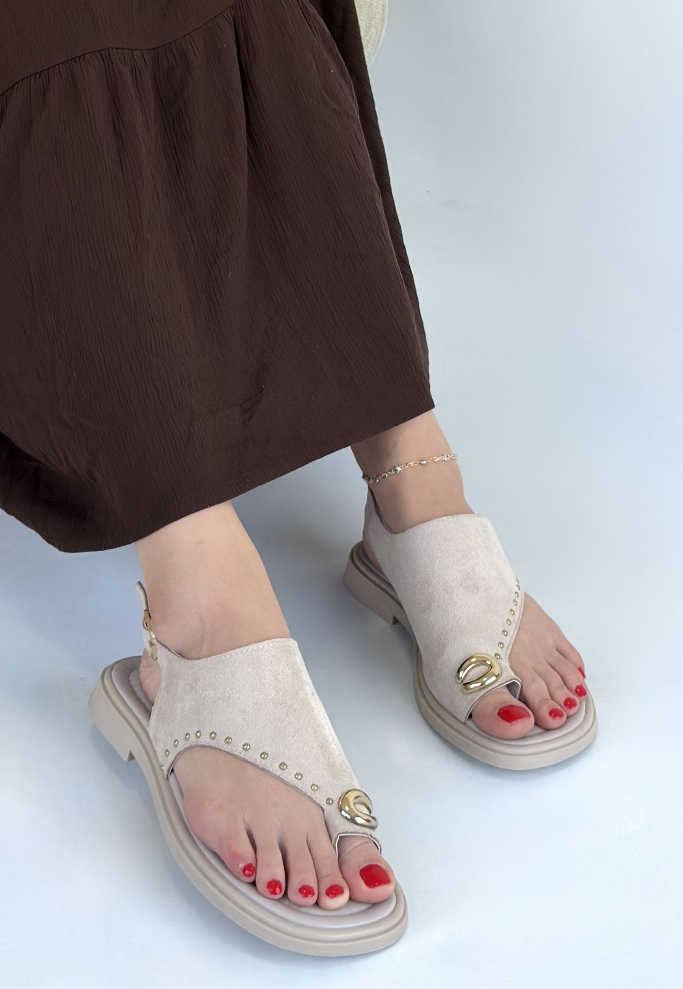 Oliwa Bej Süet Parmak Arası Sandalet 3