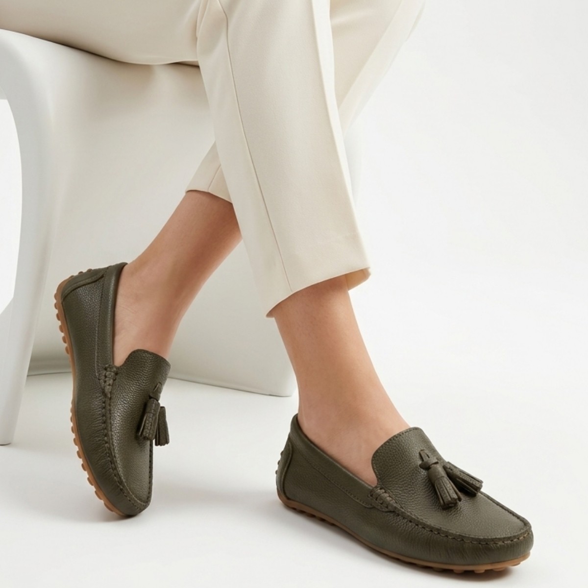 Irja Haki Yeşil Hakiki Deri Babet Ayakkabı 4