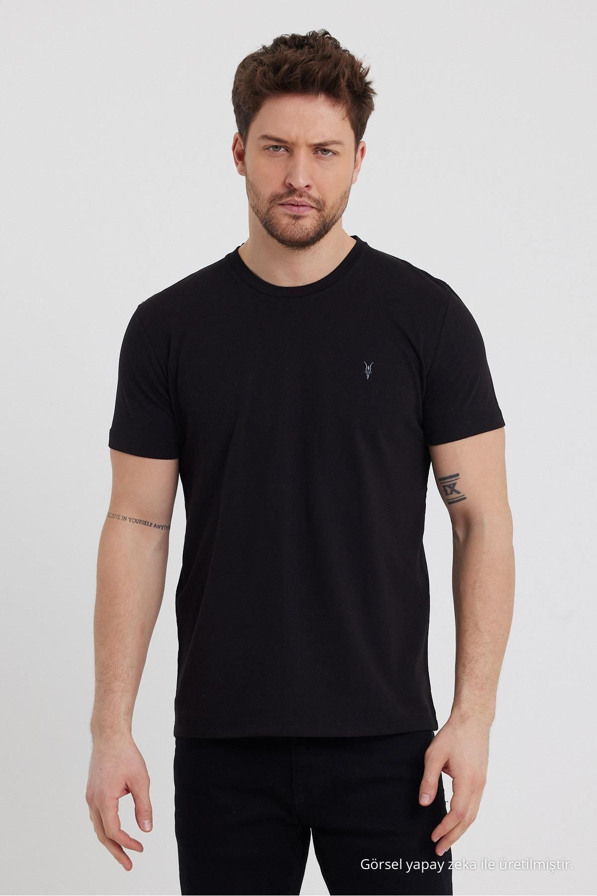 5-Lİ SİYAH Standart Kalıp Basic 5'li Paket T-shirt 7