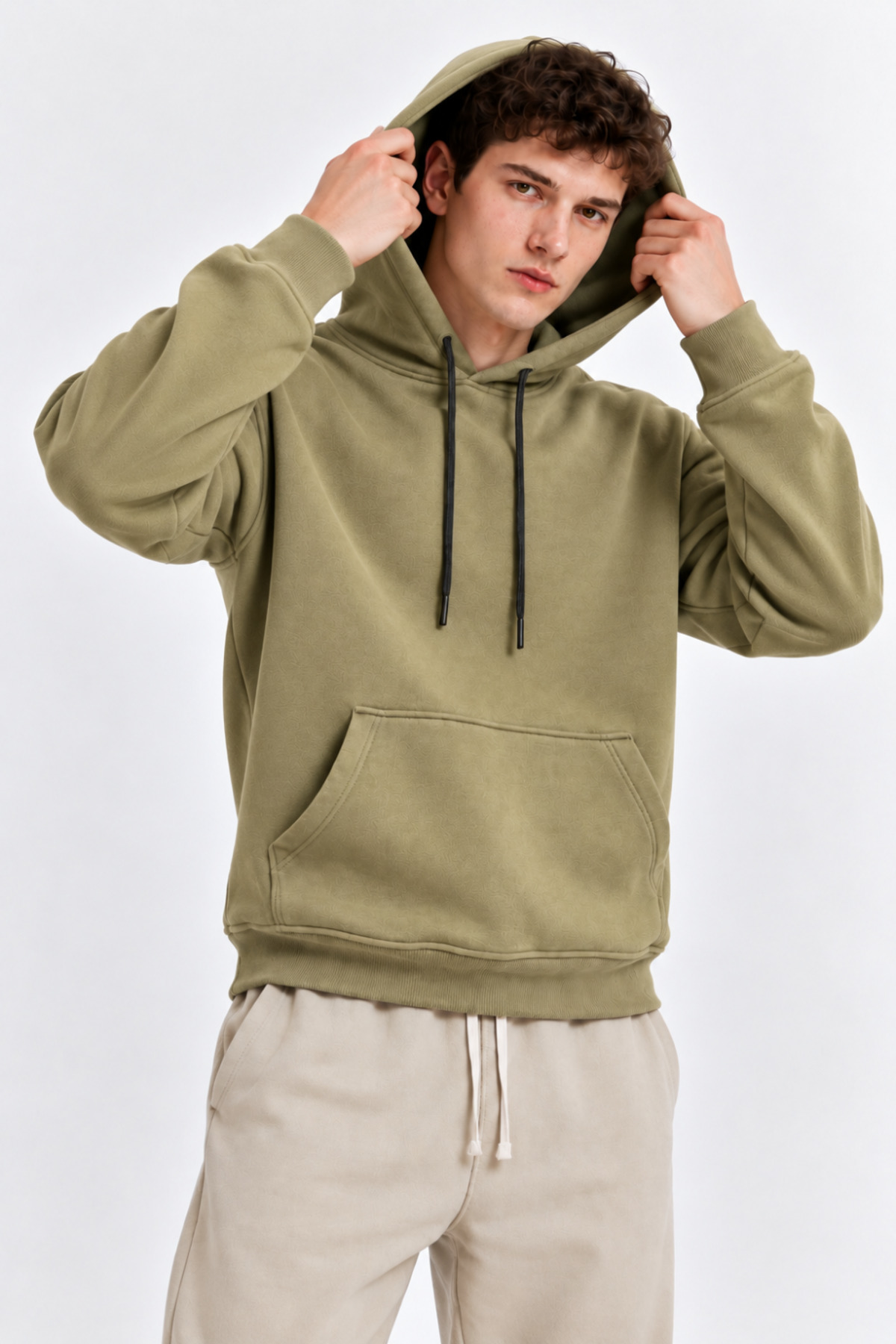 Erkek A.Haki Kanguru Cep Kapşonlu Sweatshirt 3