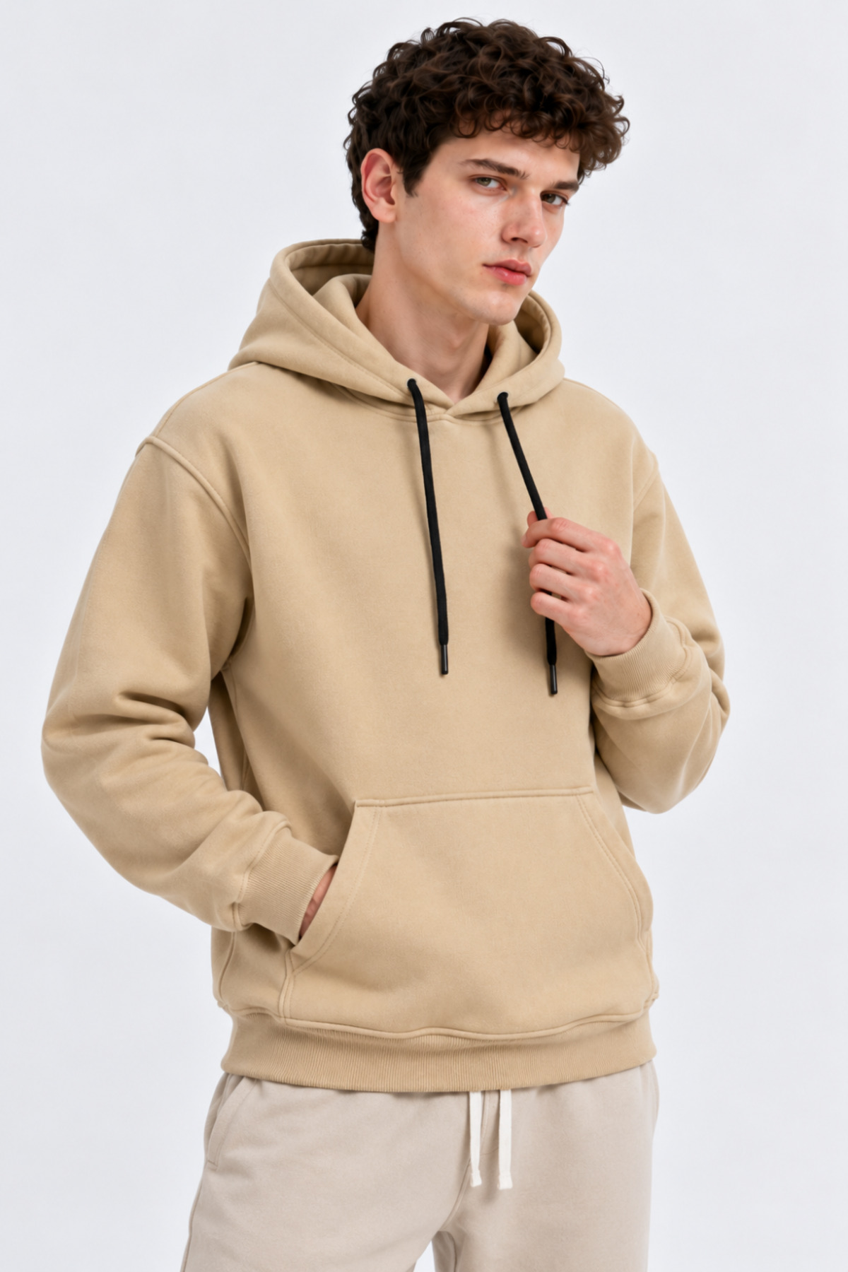 Erkek Bejj Kanguru Cep Kapşonlu Sweatshirt 4