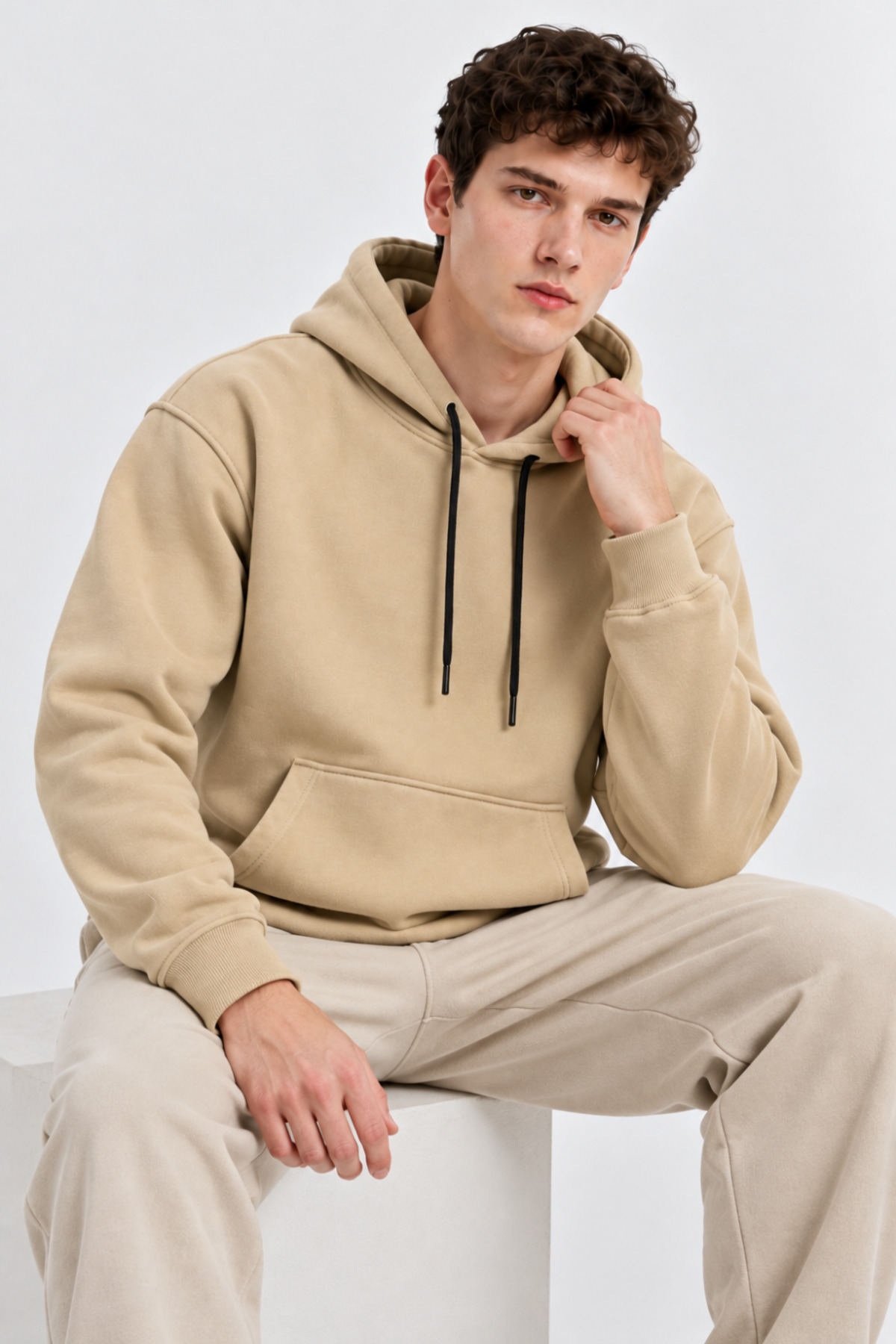 Erkek Bejj Kanguru Cep Kapşonlu Sweatshirt 3
