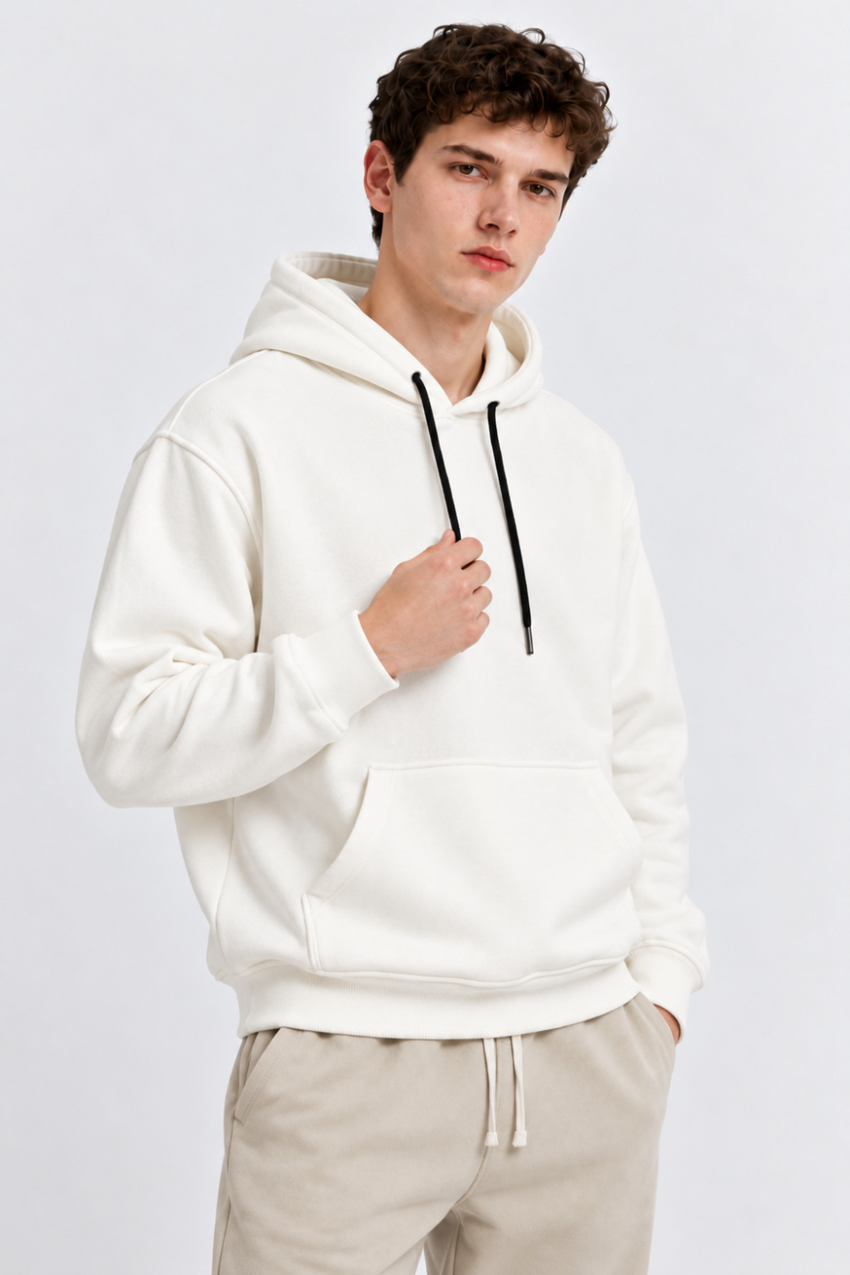 Erkek Beyaz Kanguru Cep Kapşonlu Sweatshirt 4