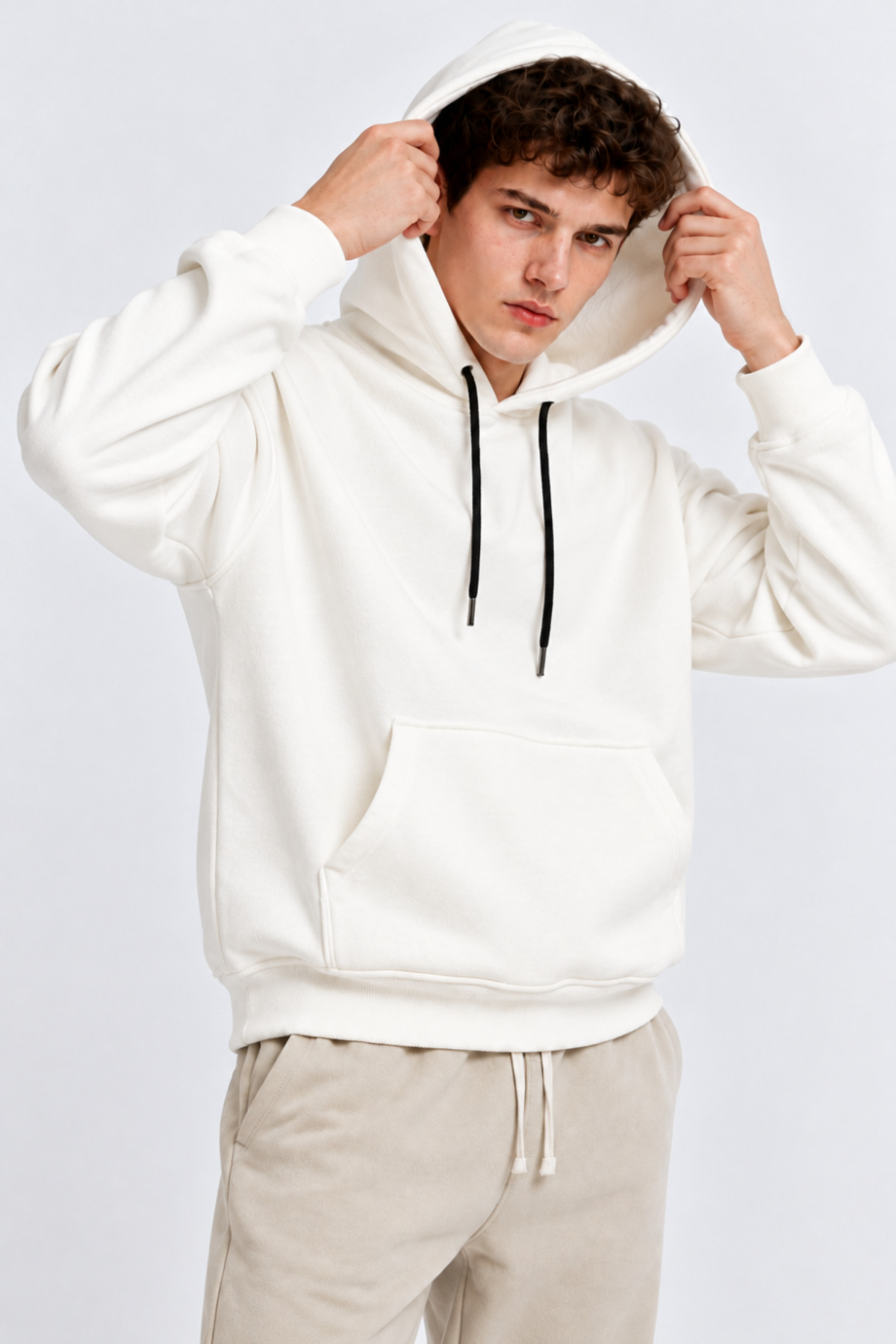 Erkek Beyaz Kanguru Cep Kapşonlu Sweatshirt 5