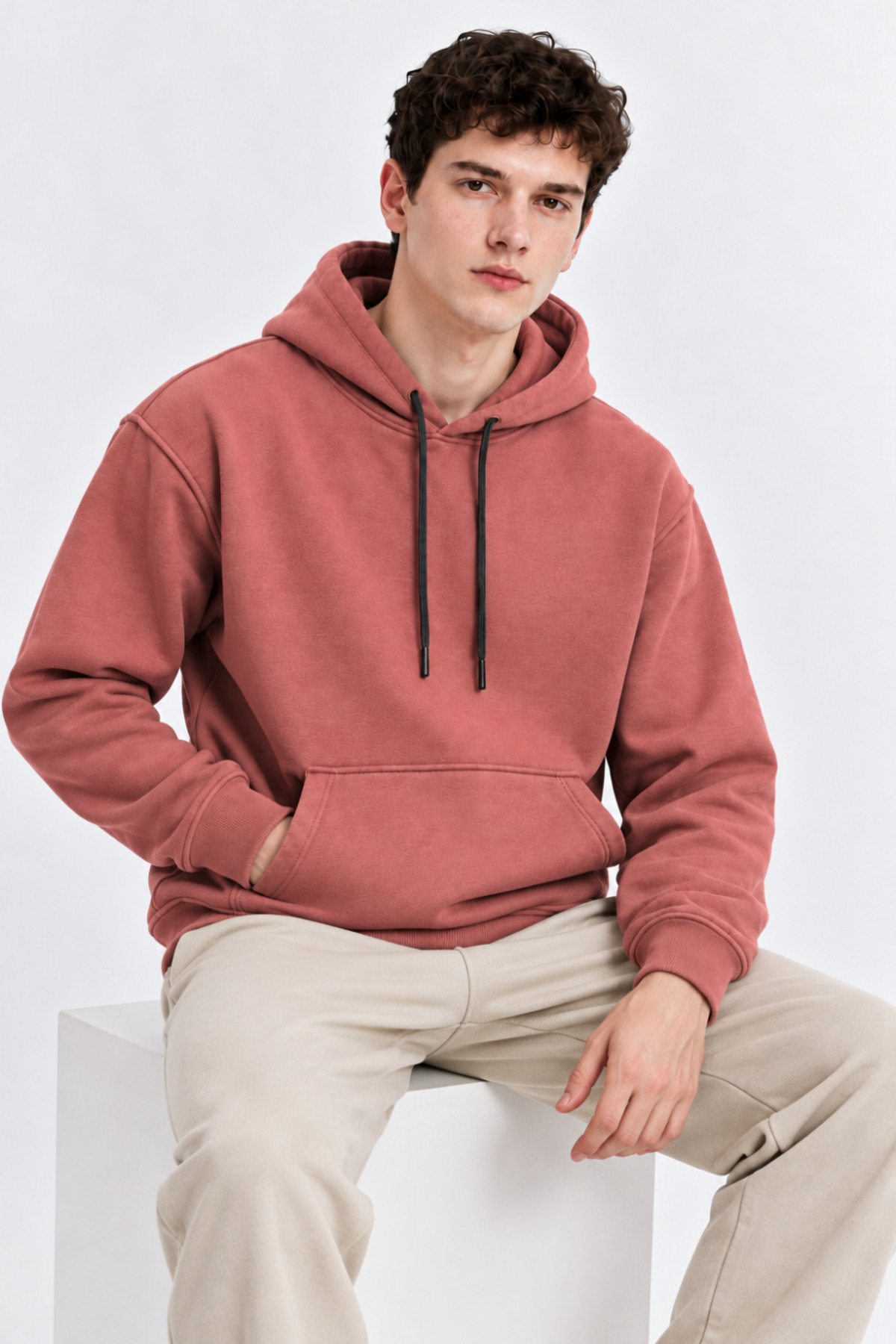 Erkek G.Kuru Kanguru Cep Kapşonlu Sweatshirt GÜL KURUSU 4