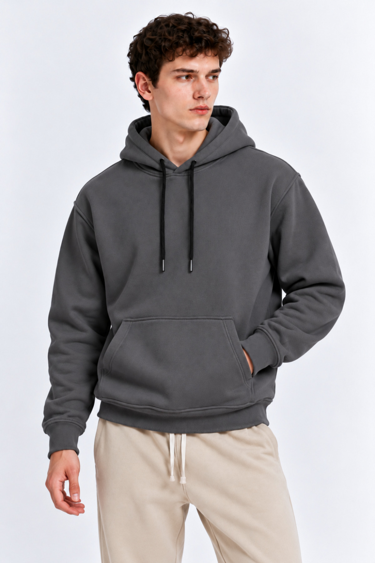 Erkek Koyu Gri Kanguru Cep Kapşonlu Sweatshirt 3