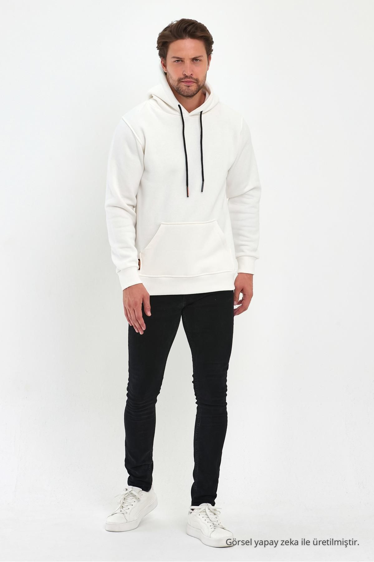 Erkek Beyaz Standart Fit Normal Kesim İçi Polarlı Kapüşonlu Kanguru Cepli Pamuklu Sweatshirt 8