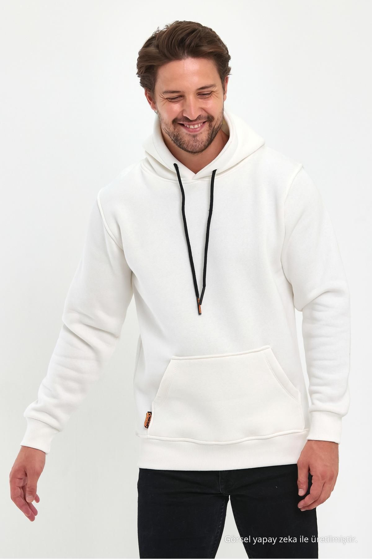 Erkek Beyaz Standart Fit Normal Kesim İçi Polarlı Kapüşonlu Kanguru Cepli Pamuklu Sweatshirt 7