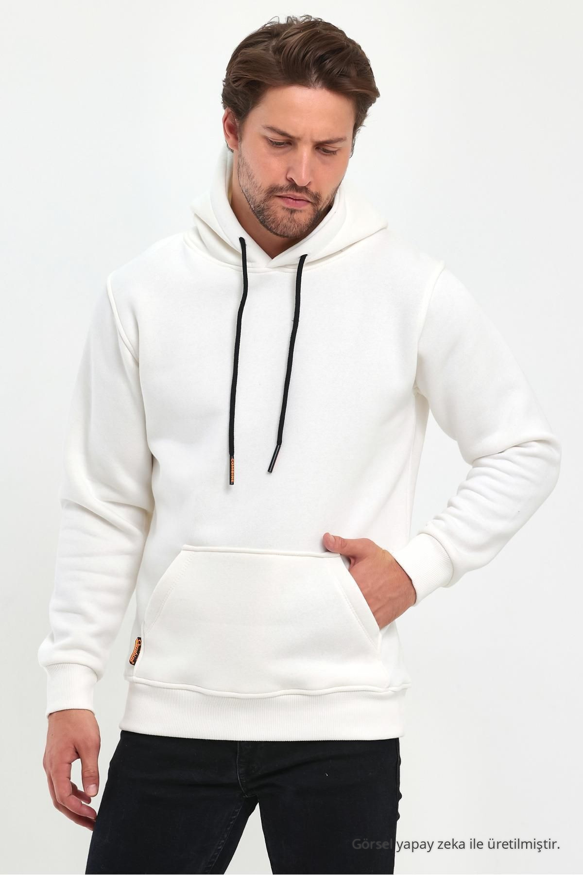 Erkek Beyaz Standart Fit Normal Kesim İçi Polarlı Kapüşonlu Kanguru Cepli Pamuklu Sweatshirt 3
