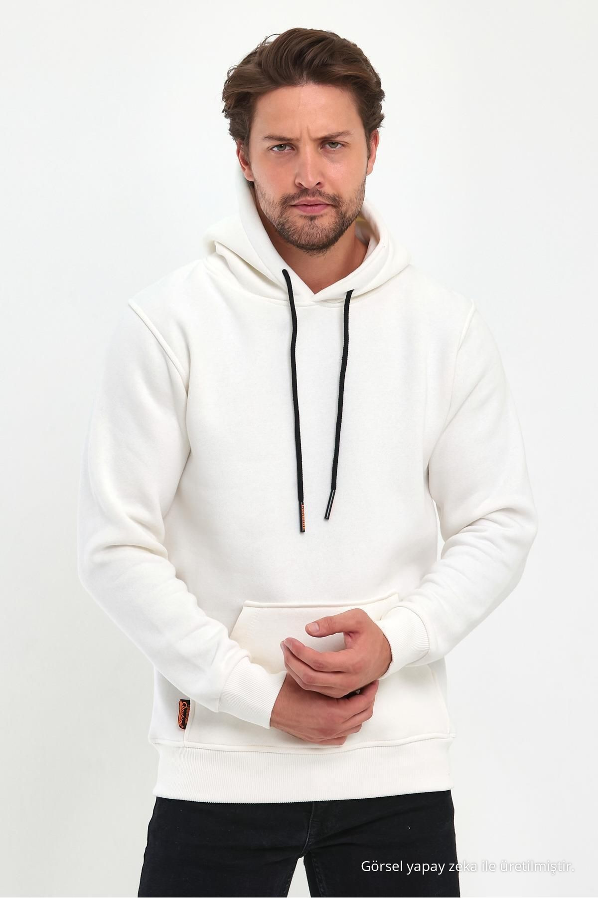 Erkek Beyaz Standart Fit Normal Kesim İçi Polarlı Kapüşonlu Kanguru Cepli Pamuklu Sweatshirt 4