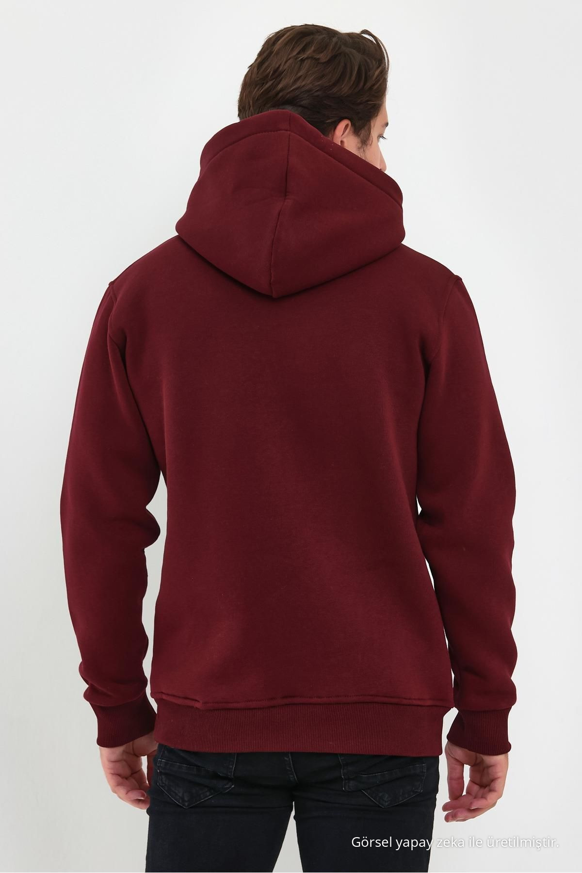 Erkek Bordo Standart Fit Normal Kesim İçi Polarlı Kapüşonlu Kanguru Cepli Pamuklu Sweatshirt 8