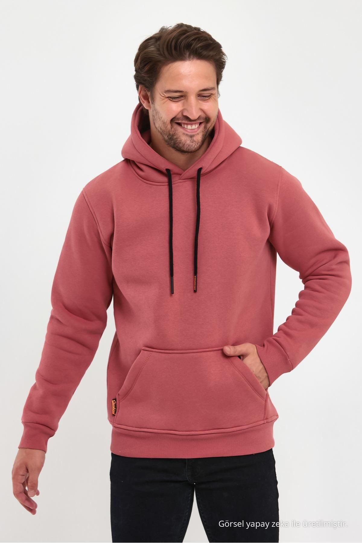 Erkek Gül Renk Standart Fit Normal Kesim İçi Polarlı Kapüşonlu Kanguru Cepli Pamuklu Sweatshirt 3