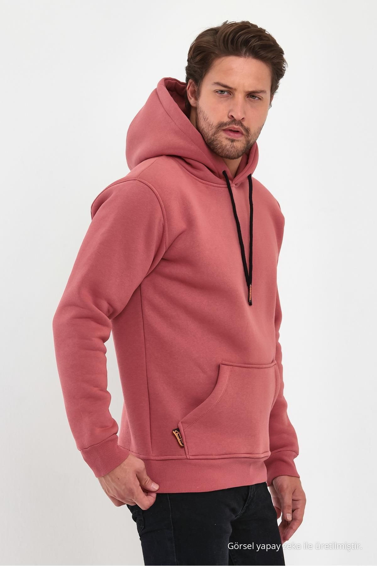 Erkek Gül Renk Standart Fit Normal Kesim İçi Polarlı Kapüşonlu Kanguru Cepli Pamuklu Sweatshirt 5