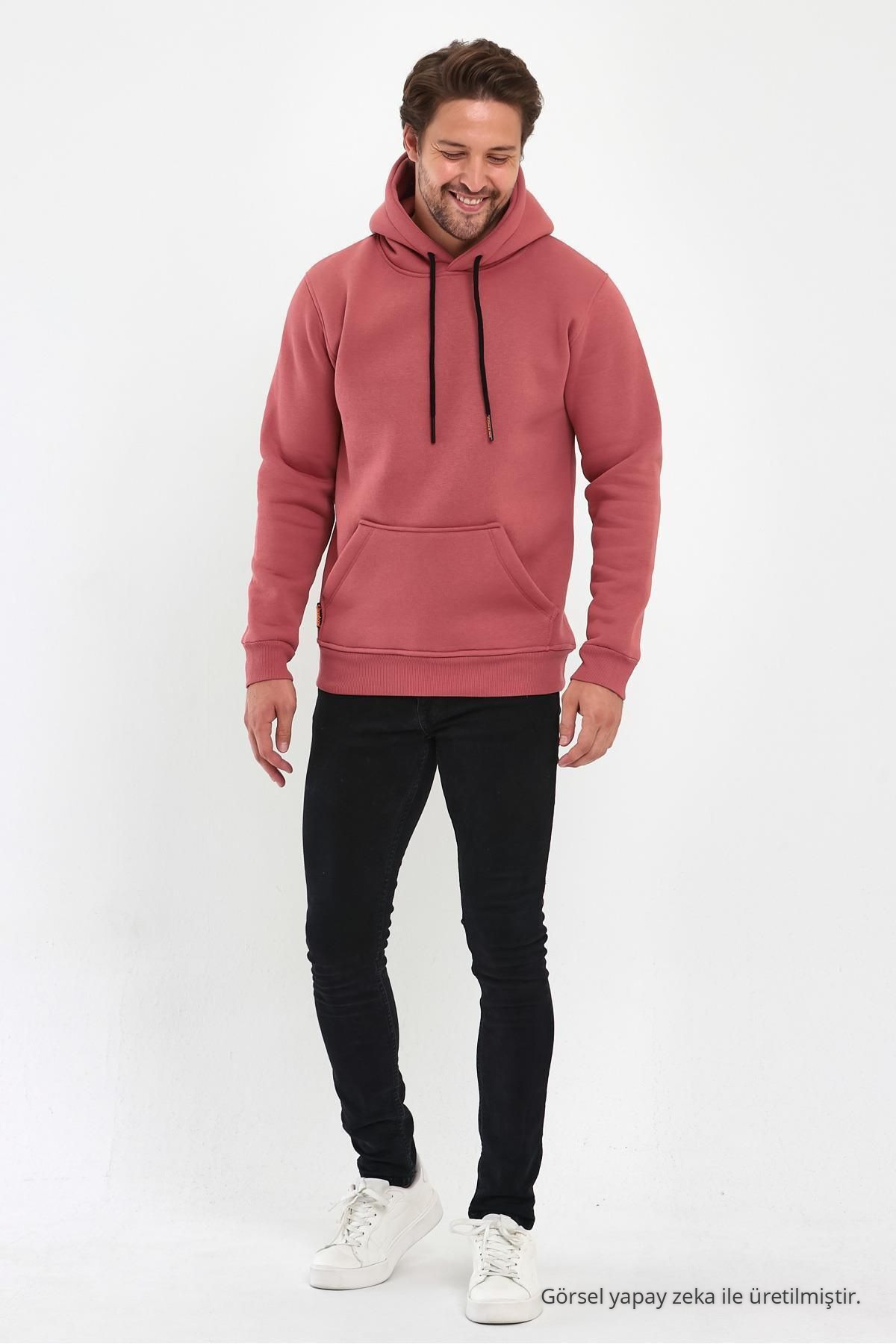 Erkek Gül Renk Standart Fit Normal Kesim İçi Polarlı Kapüşonlu Kanguru Cepli Pamuklu Sweatshirt 6