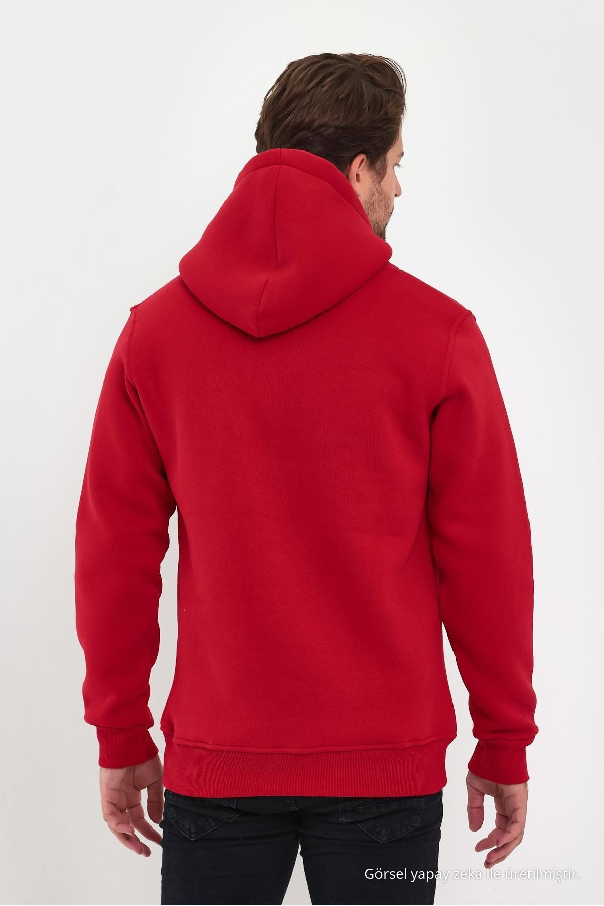 Erkek KIRMIZI Standart Fit Normal Kesim İçi Polarlı Kapüşonlu Kanguru Cepli Pamuklu Sweatshirt 7