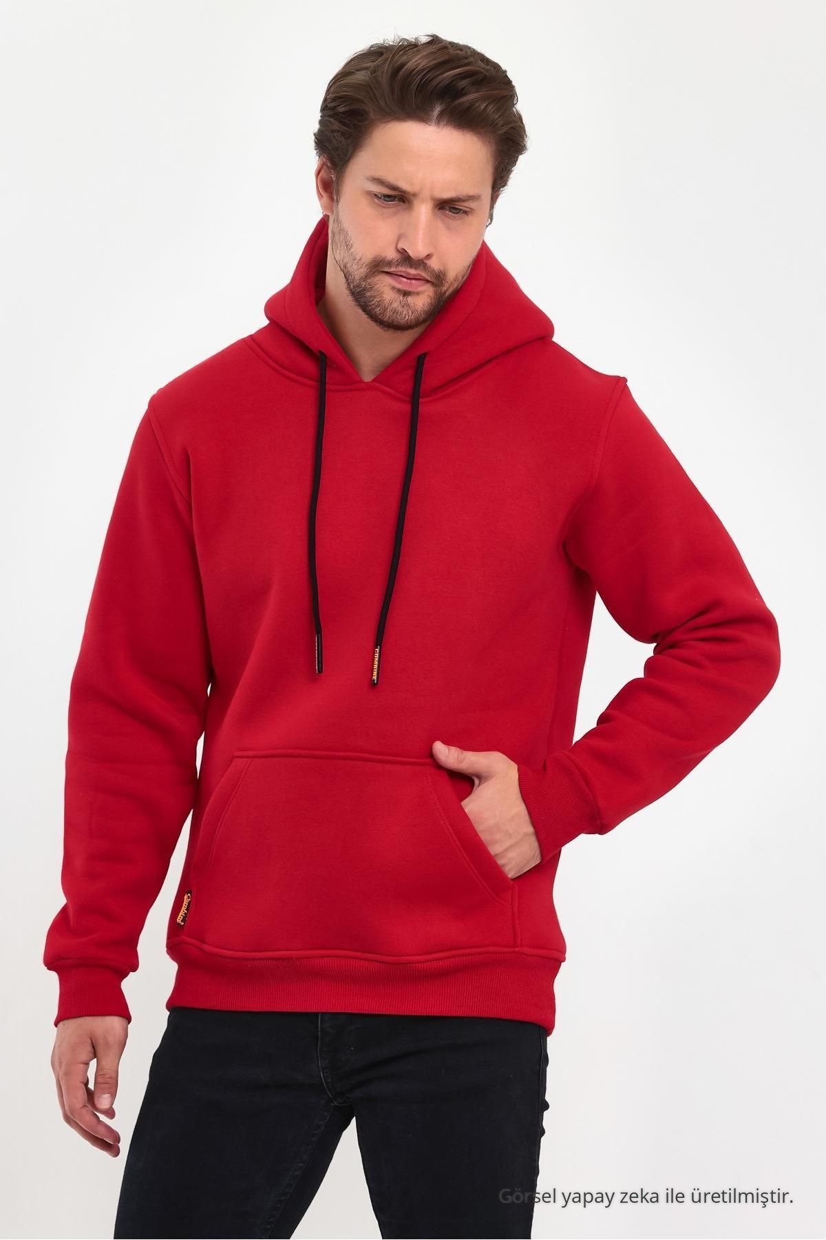 Erkek KIRMIZI Standart Fit Normal Kesim İçi Polarlı Kapüşonlu Kanguru Cepli Pamuklu Sweatshirt 4