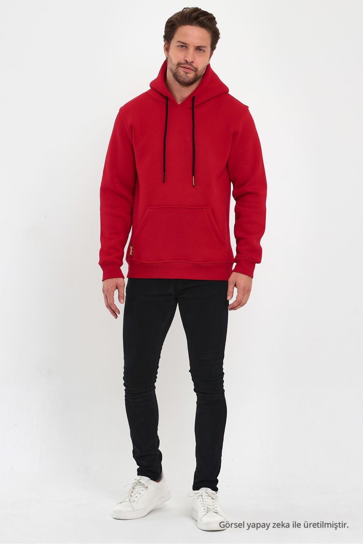 Erkek KIRMIZI Standart Fit Normal Kesim İçi Polarlı Kapüşonlu Kanguru Cepli Pamuklu Sweatshirt 6