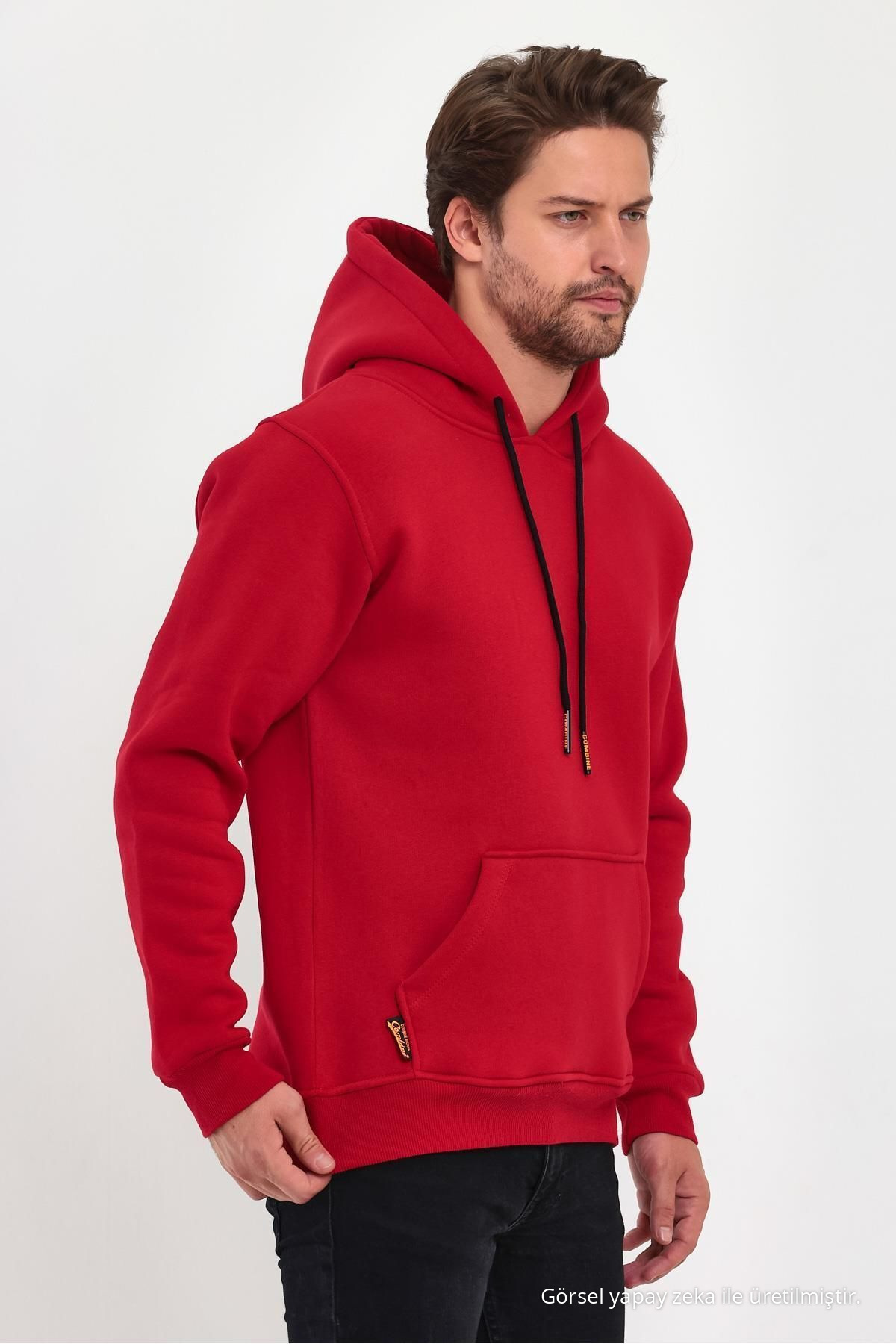 Erkek KIRMIZI Standart Fit Normal Kesim İçi Polarlı Kapüşonlu Kanguru Cepli Pamuklu Sweatshirt 5