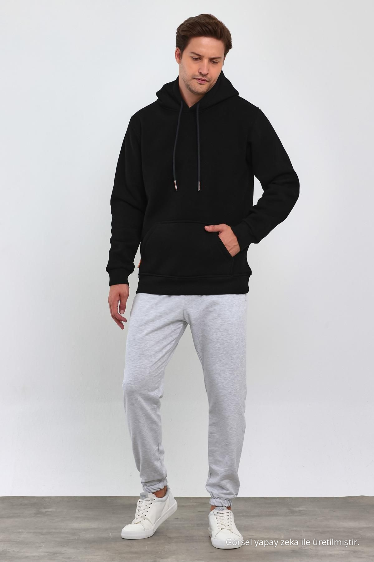 Erkek SİYAH Standart Fit Normal Kesim İçi Polarlı Kapüşonlu Kanguru Cepli Pamuklu Sweatshirt 3