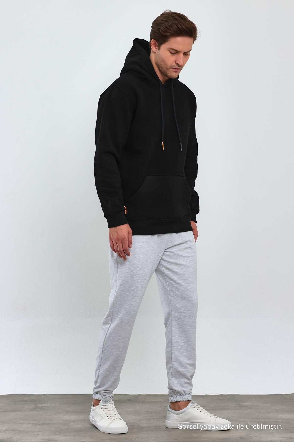 Erkek SİYAH Standart Fit Normal Kesim İçi Polarlı Kapüşonlu Kanguru Cepli Pamuklu Sweatshirt 4