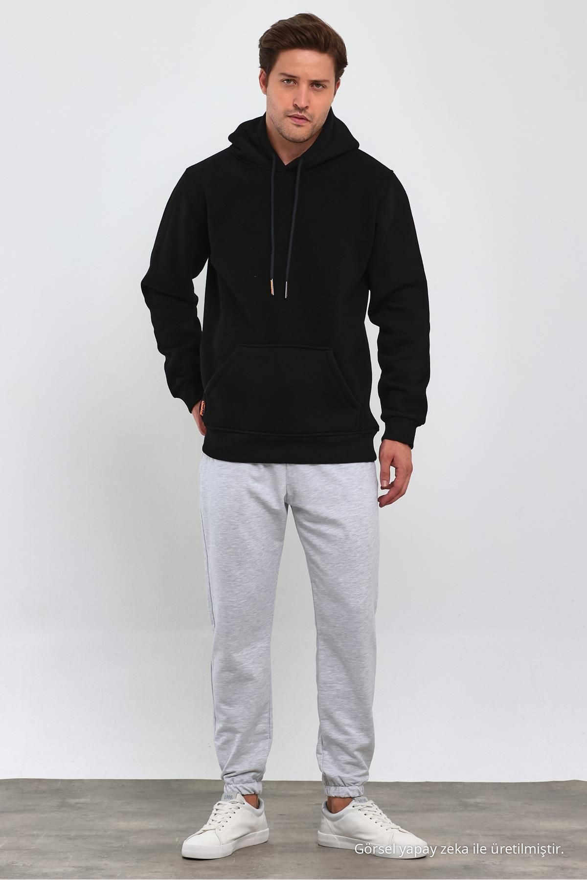 Erkek SİYAH Standart Fit Normal Kesim İçi Polarlı Kapüşonlu Kanguru Cepli Pamuklu Sweatshirt 5