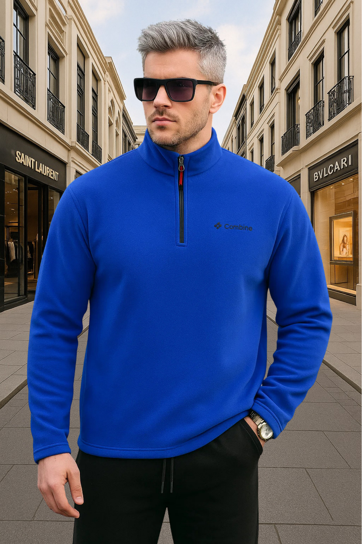 Indigo Renk Yarım Fermuarlı Erkek Polar - İNDİGO 5