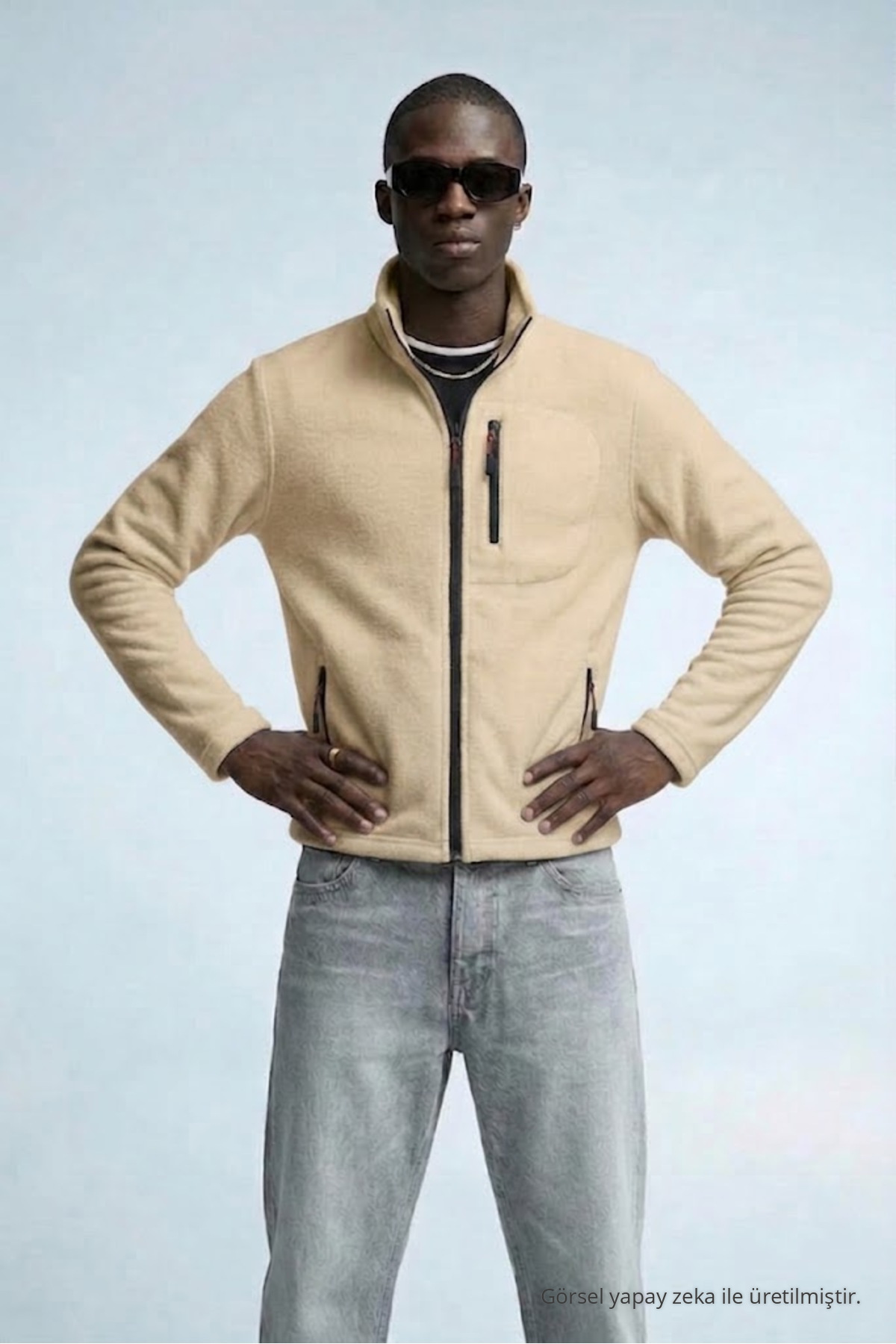 Erkek Fermuarlı Dik Yaka Bol Açık Polar 5