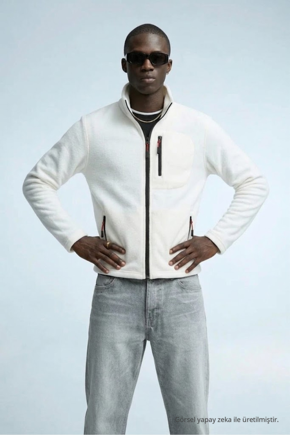 Erkek Fermuarlı Dik Yaka Bol Beyaz Polar 6