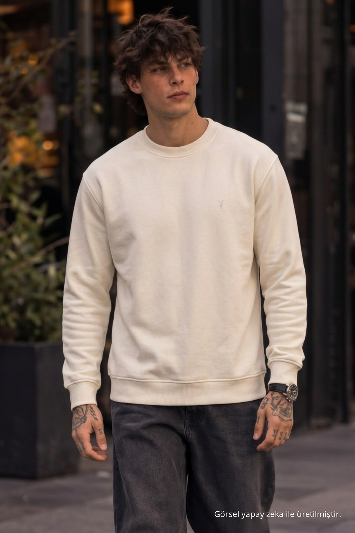 Örme Kışlık Günlük Ekru Erkek Sweatshirt 3