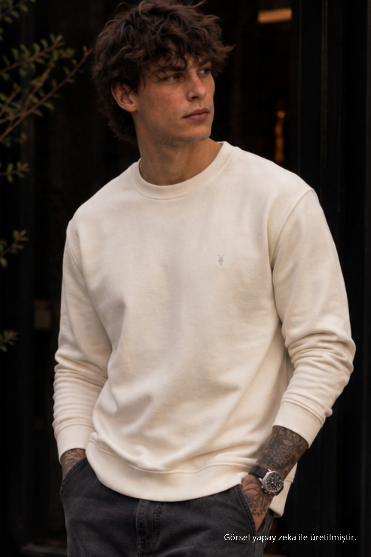 Örme Kışlık Günlük Ekru Erkek Sweatshirt 6