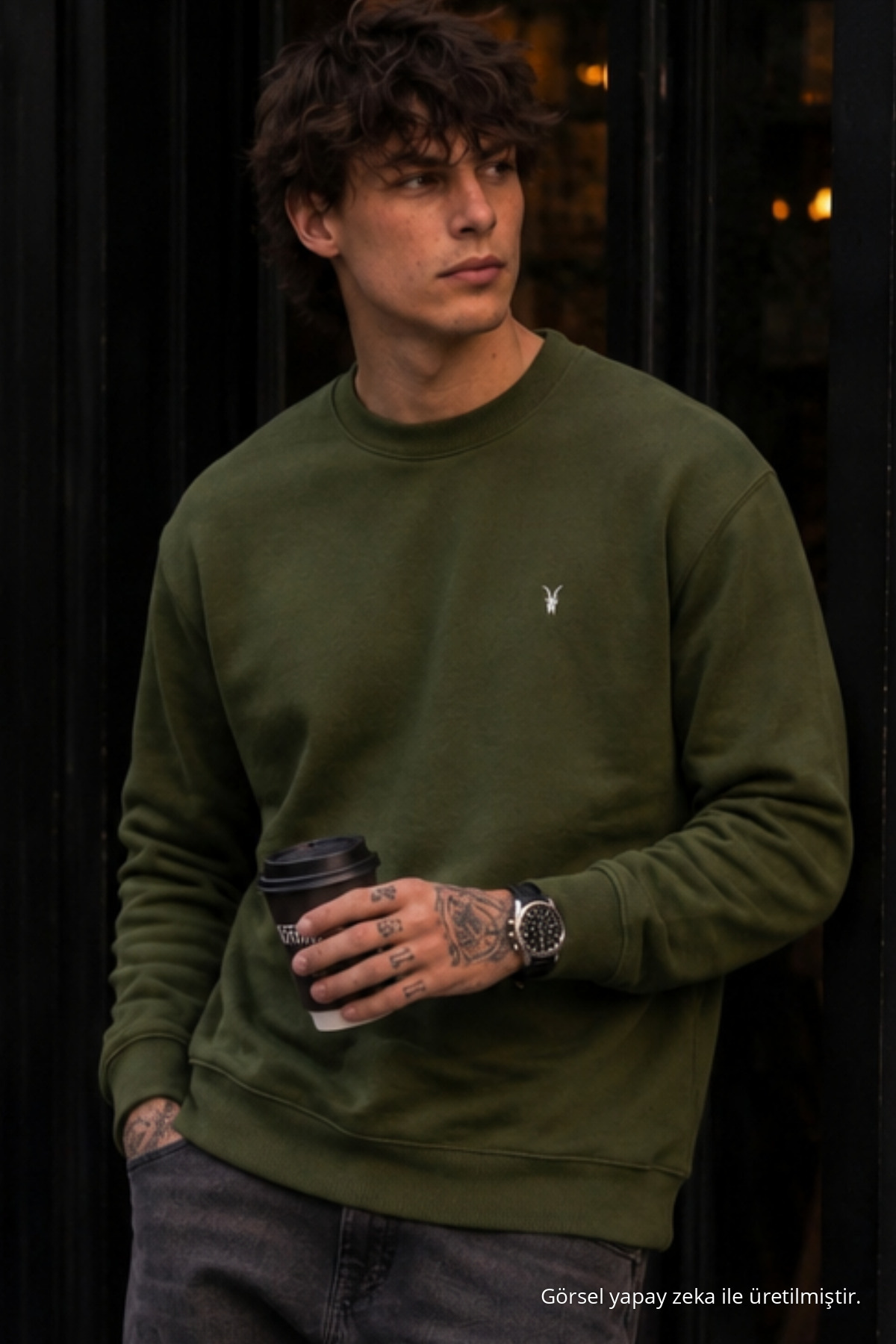 Örme Kışlık Günlük HAKİ Erkek Sweatshirt 6