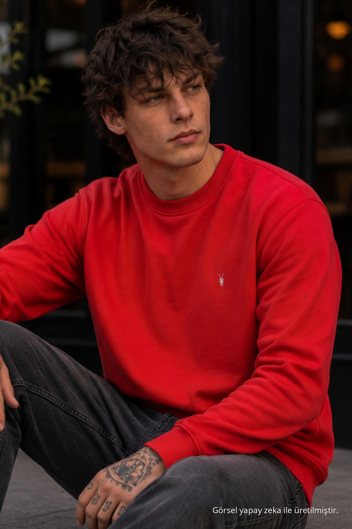 Örme Kışlık Günlük KIRMIZI Erkek Sweatshirt 6