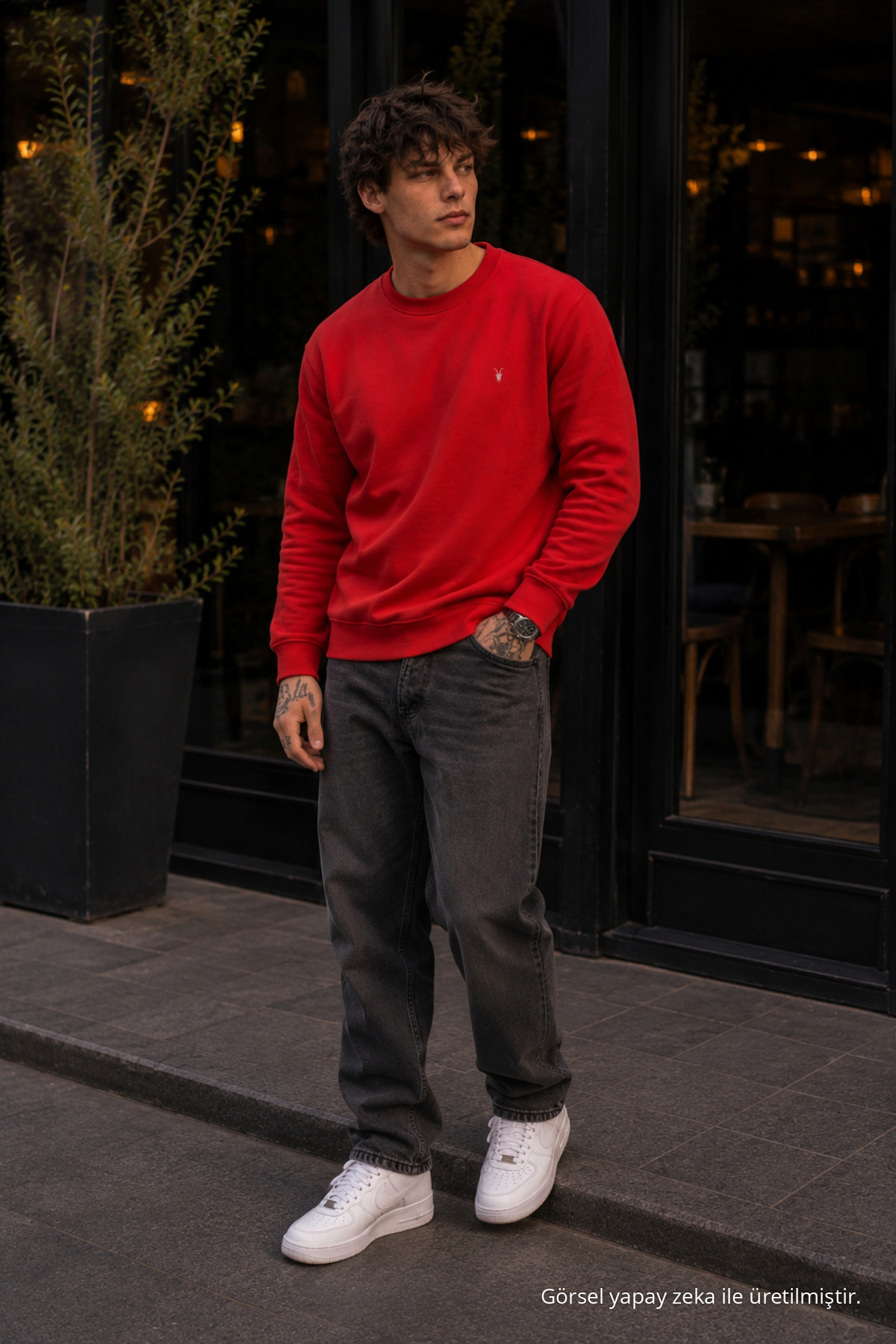 Örme Kışlık Günlük KIRMIZI Erkek Sweatshirt 5
