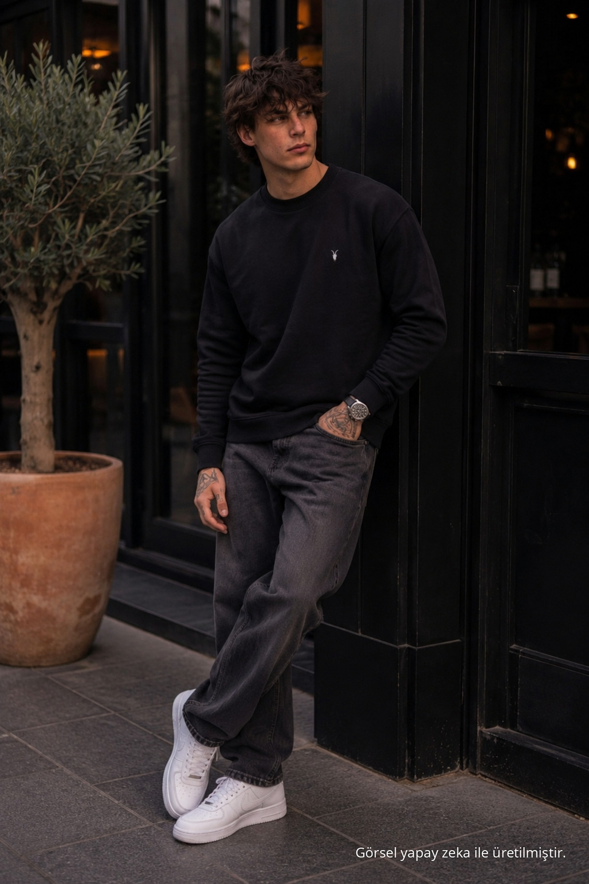 Örme Kışlık Günlük SİYAH Erkek Sweatshirt 5