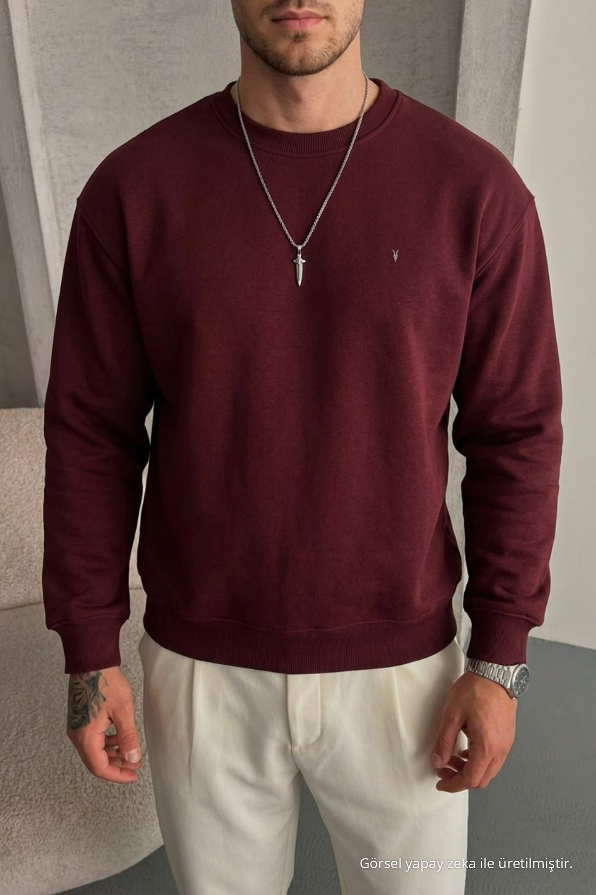 Erkek Loose Dokulu Flare Bordo Sweatshirt 4