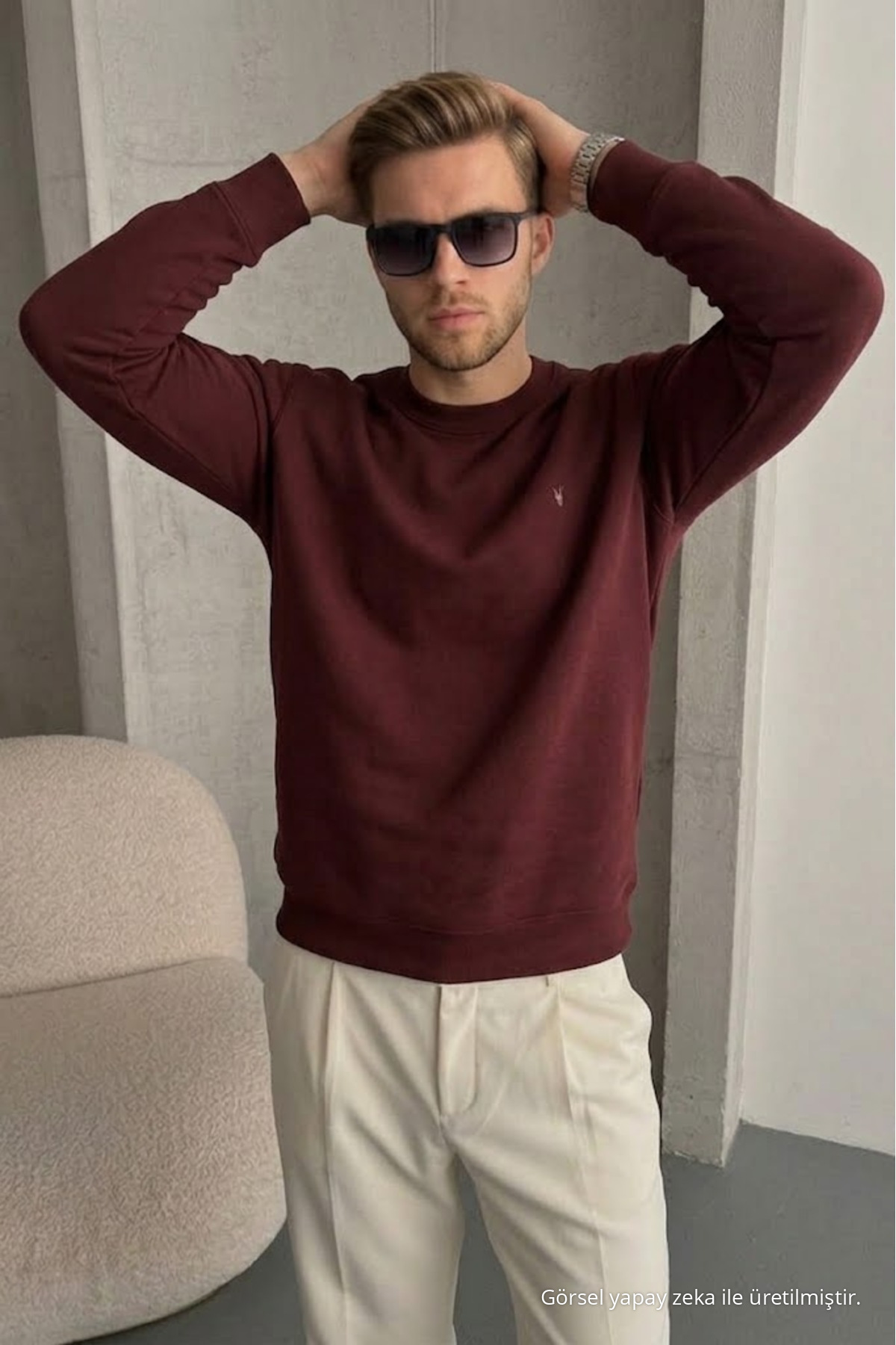Erkek Loose Dokulu Flare Bordo Sweatshirt 5