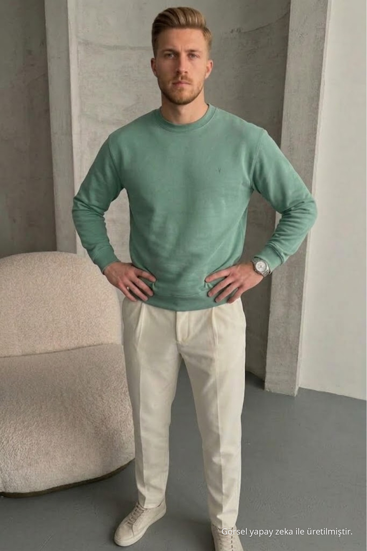 Erkek Loose Dokulu Flare Çağla Sweatshirt 4