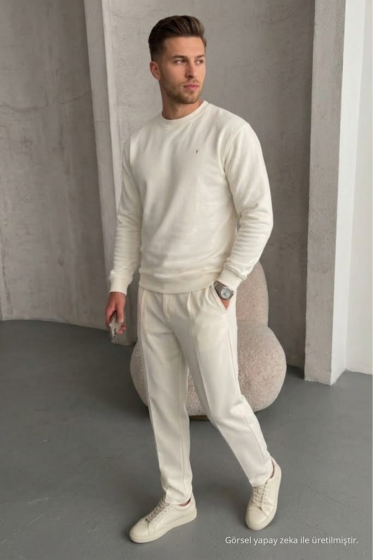 Erkek Loose Dokulu Flare Ekru Sweatshirt 4