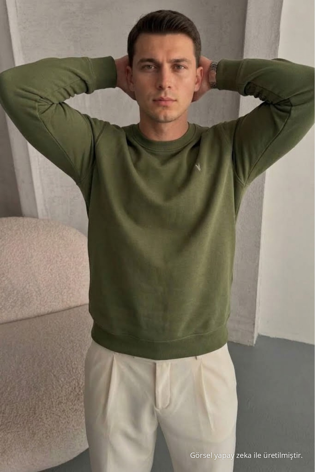 Erkek Loose Dokulu Flare HAKİ Sweatshirt 5