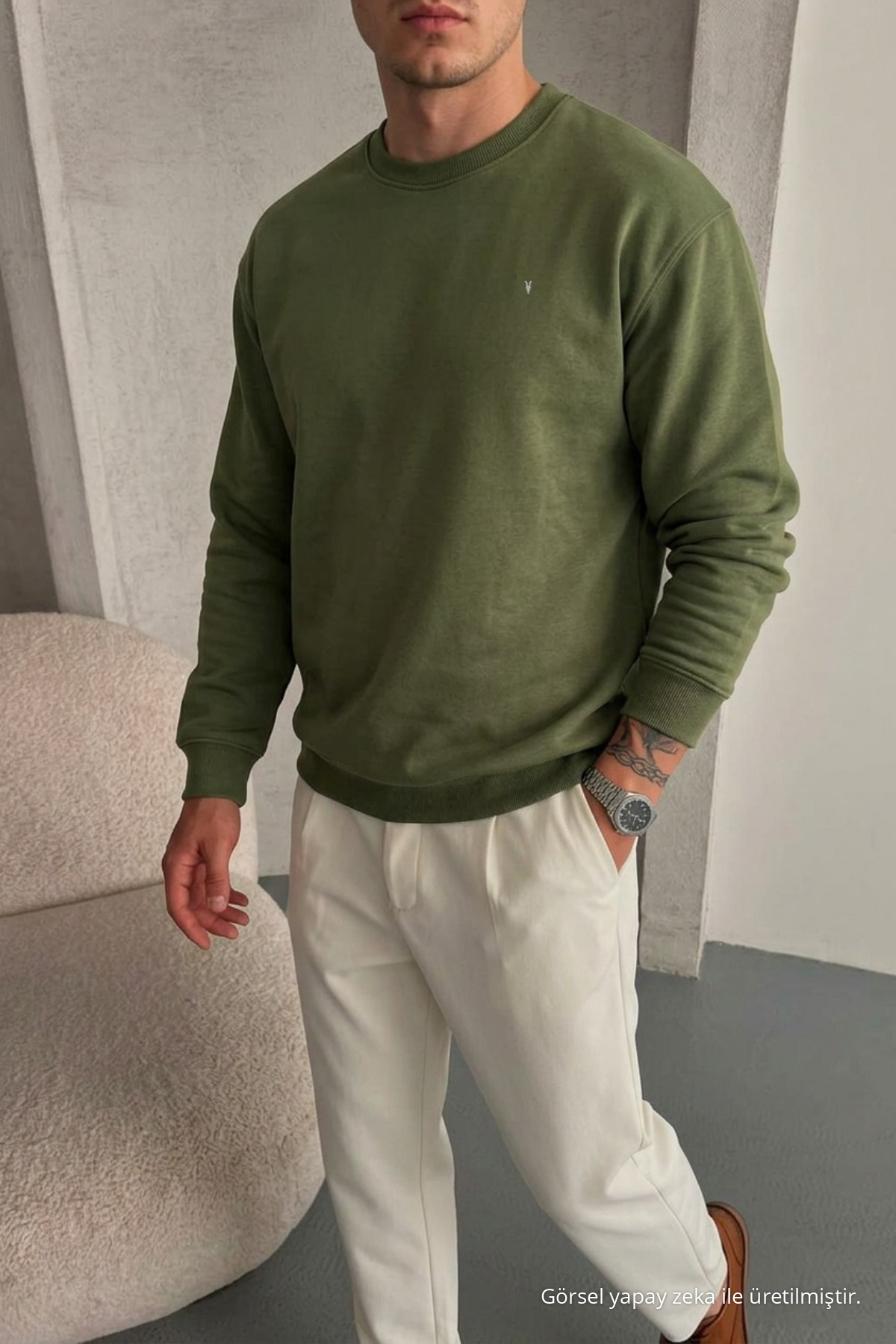 Erkek Loose Dokulu Flare HAKİ Sweatshirt 4