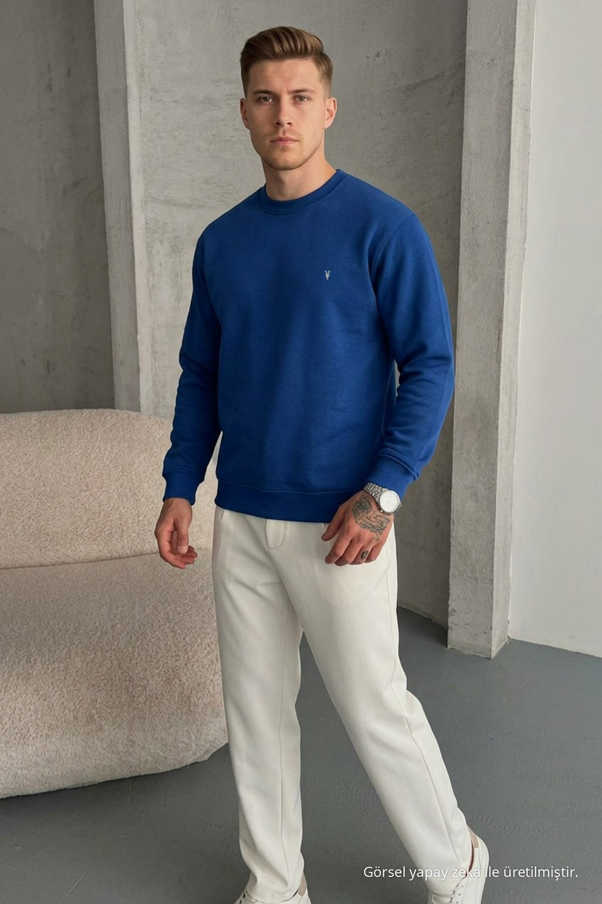 Erkek Loose Dokulu Flare İNDİGO Sweatshirt 3