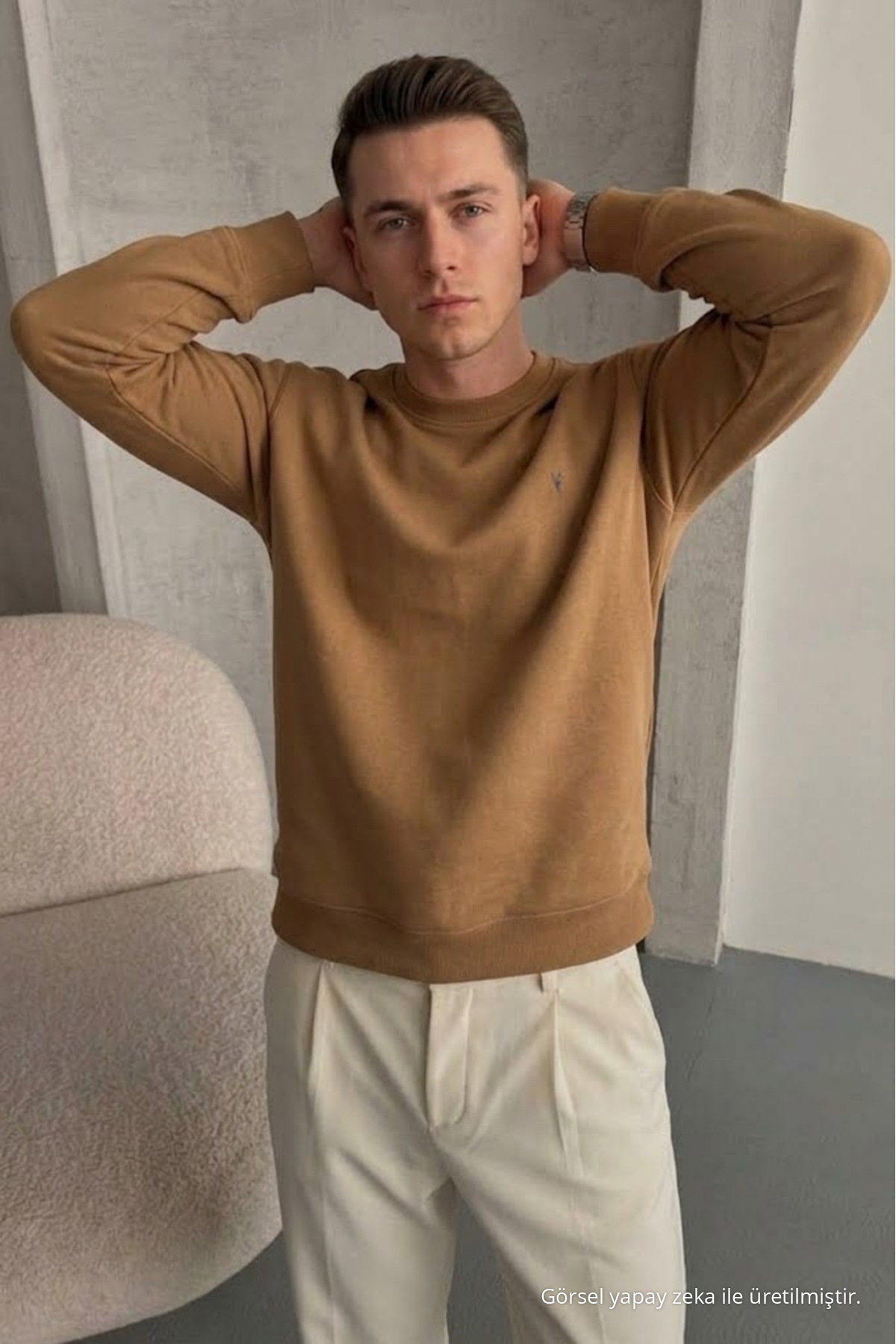 Erkek Loose Dokulu Flare Karamel Sweatshirt 6