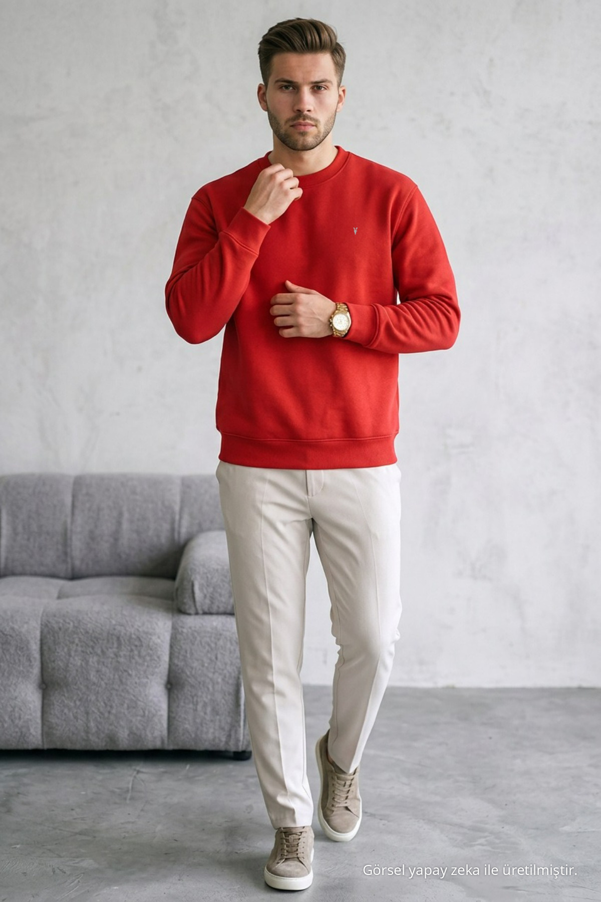 Erkek Loose Dokulu Flare KIRMIZI Sweatshirt 3