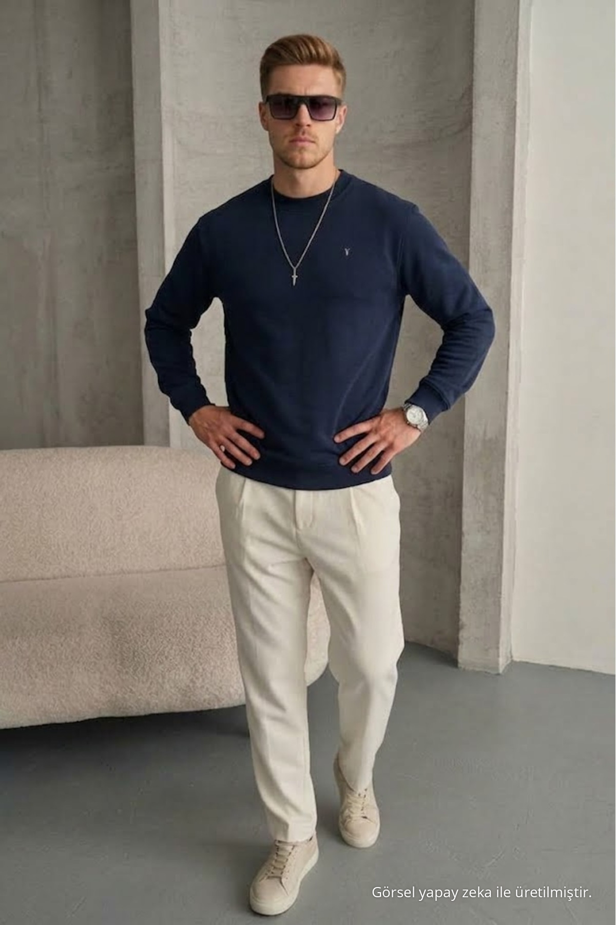 Erkek Loose Dokulu Flare LACİVERT Sweatshirt 6
