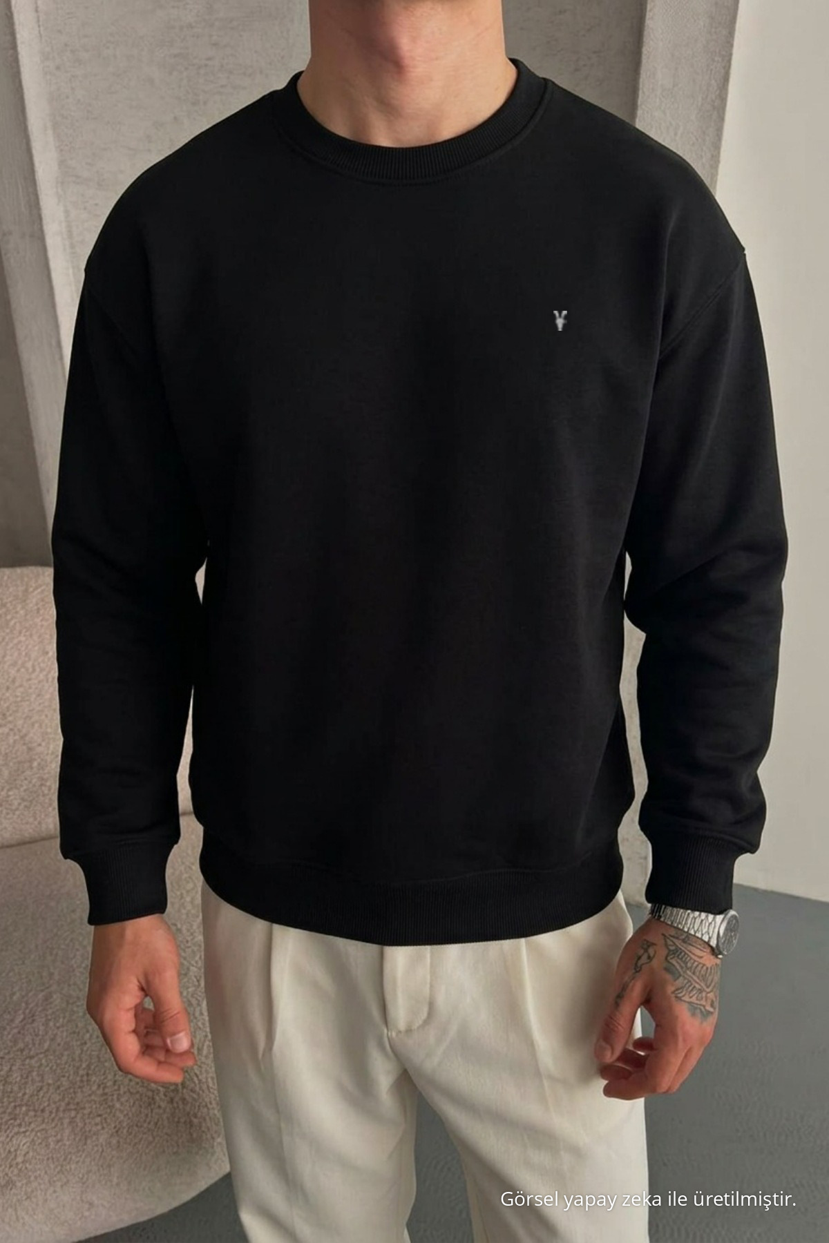 Erkek Loose Dokulu Flare SİYAH Sweatshirt 3