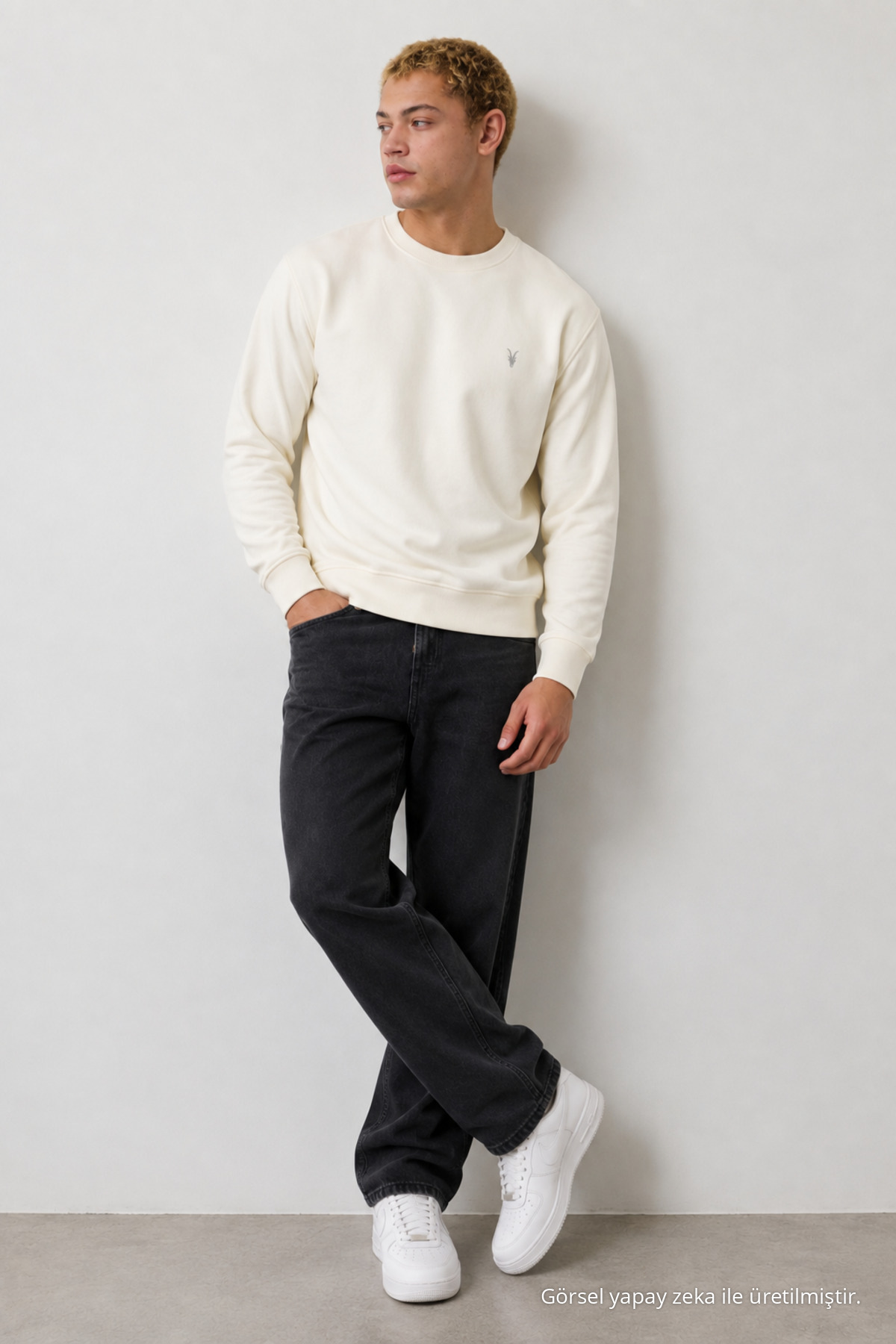 Ekru Oversize Pamuklu Erkek Sweatshirt 5
