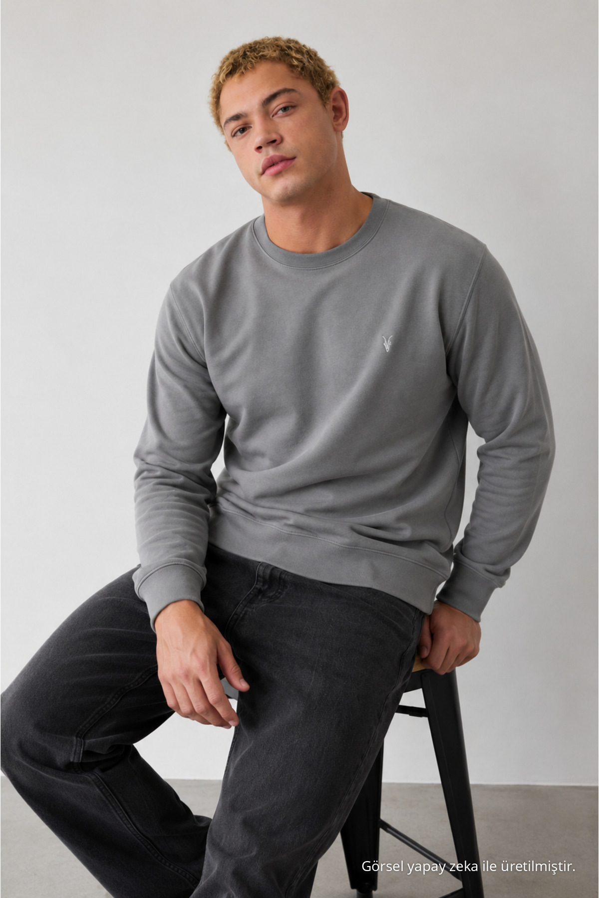 GRİ Oversize Pamuklu Erkek Sweatshirt 6